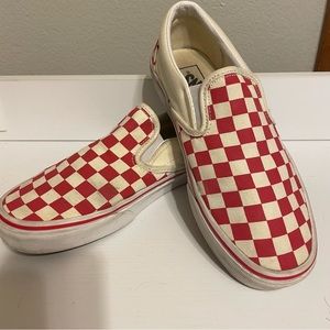 Women’s red and white checkered slip on Vans. Size 8